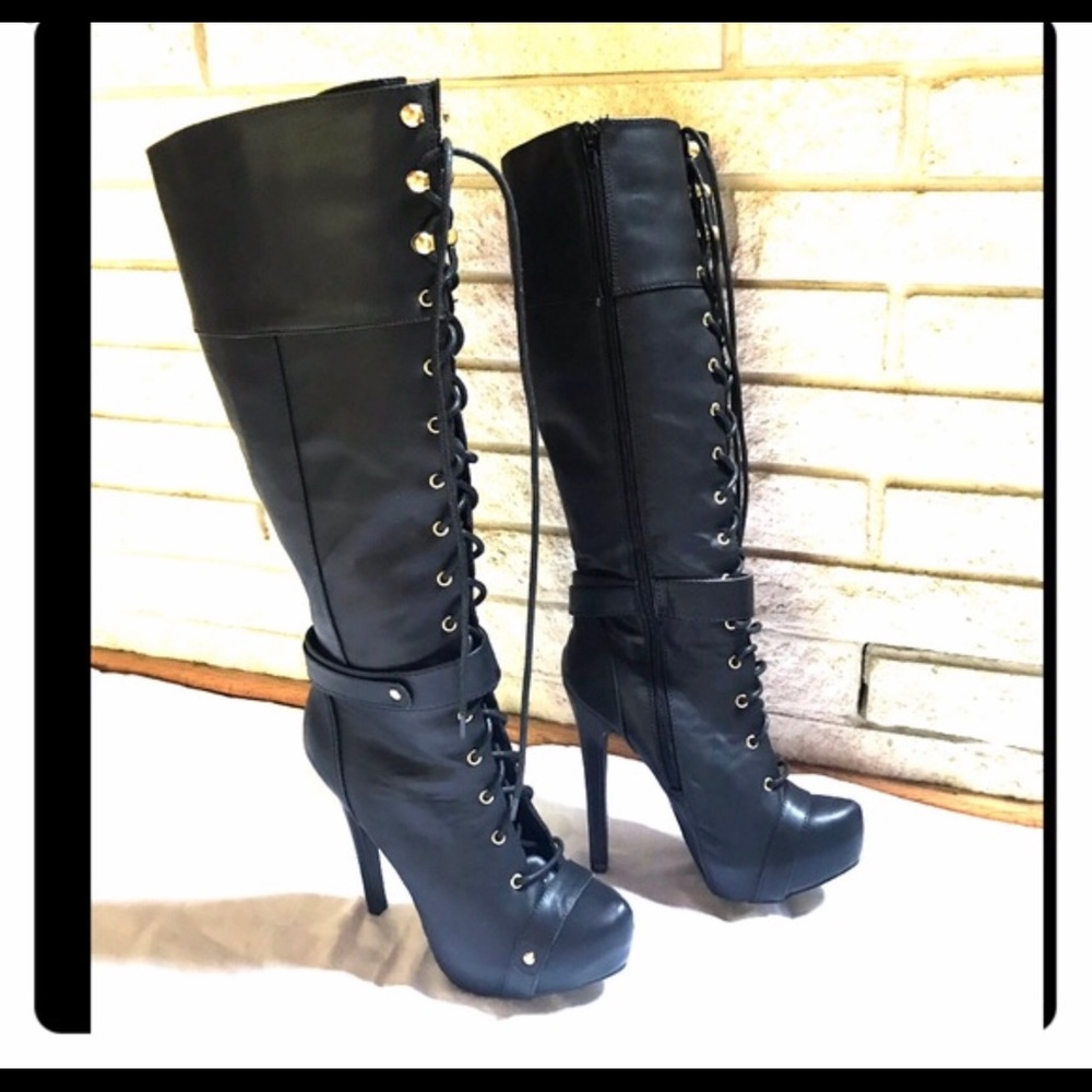 Biker-style high heeled knee boots